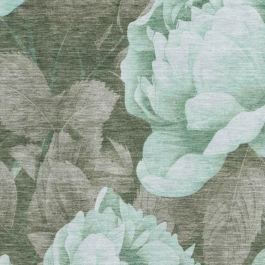 Pale Aqua And Brown Floral Washable Area Rug With UV Protection Photo 2