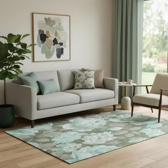 Pale Aqua And Brown Floral Washable Area Rug With UV Protection Photo 2