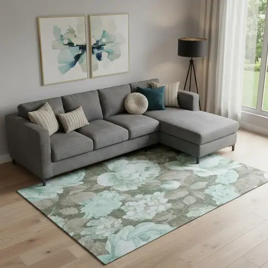 Pale Aqua And Brown Floral Washable Area Rug With UV Protection Photo 2