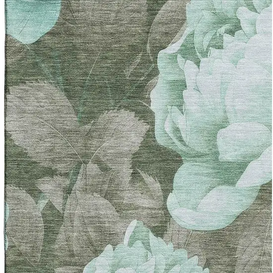Pale Aqua And Brown Floral Washable Area Rug With UV Protection Photo 3