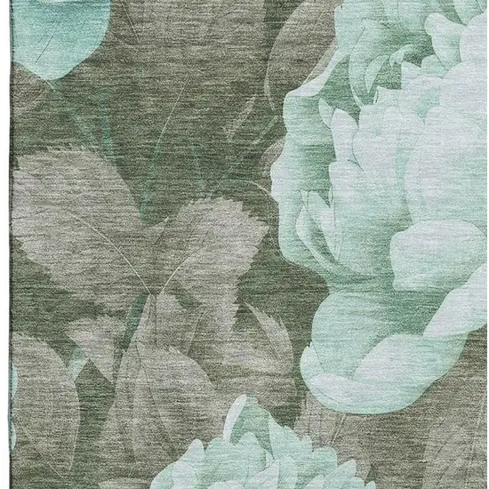 Pale Aqua And Brown Floral Washable Area Rug With UV Protection Photo 2