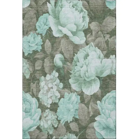Pale Aqua And Brown Floral Washable Area Rug With UV Protection Photo 3