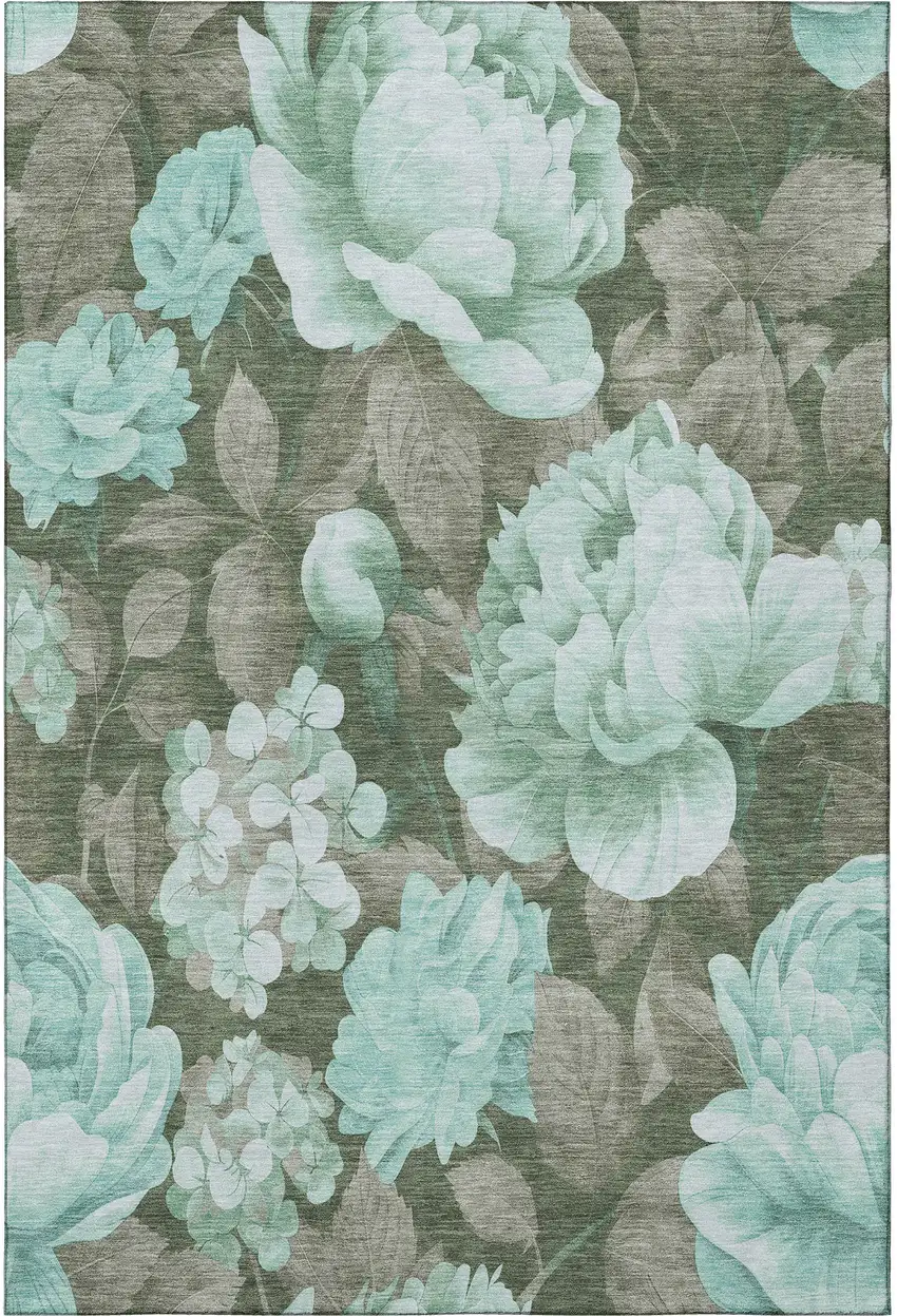 Pale Aqua And Brown Floral Washable Area Rug With UV Protection Photo 3