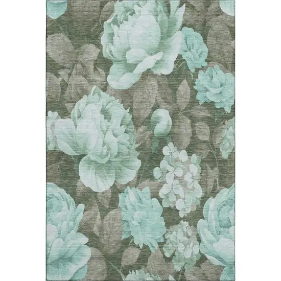 Pale Aqua And Brown Floral Washable Area Rug With UV Protection Photo 1