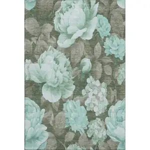 Photo of Pale Aqua And Brown Floral Washable Area Rug With UV Protection