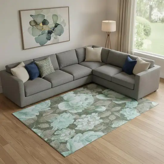 Pale Aqua And Brown Floral Washable Area Rug With UV Protection Photo 2