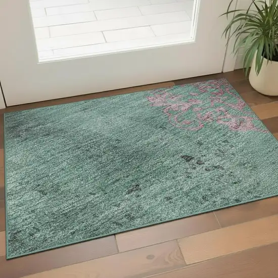 Pale Aqua And Burgundy Floral Washable Area Rug With UV Protection Photo 2
