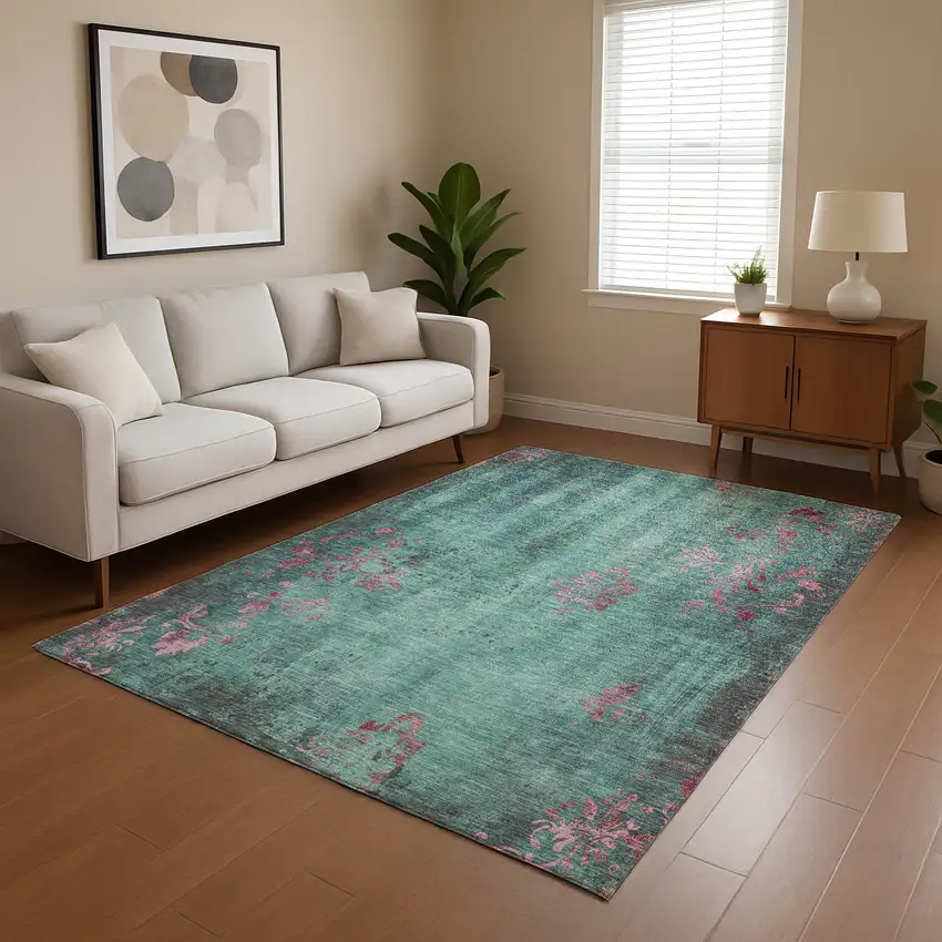 Pale Aqua And Burgundy Floral Washable Area Rug With UV Protection Photo 4