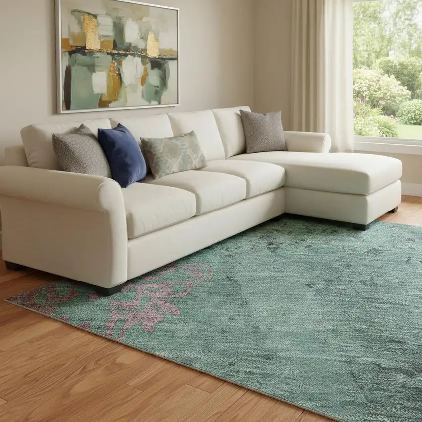 Pale Aqua And Burgundy Floral Washable Area Rug With UV Protection Photo 2