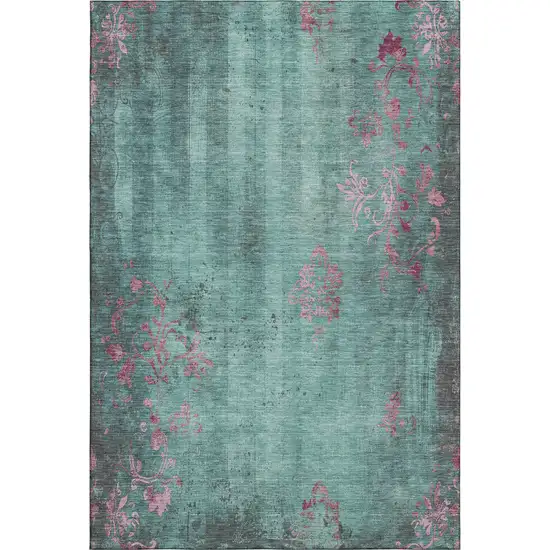 Pale Aqua And Burgundy Floral Washable Area Rug With UV Protection Photo 6