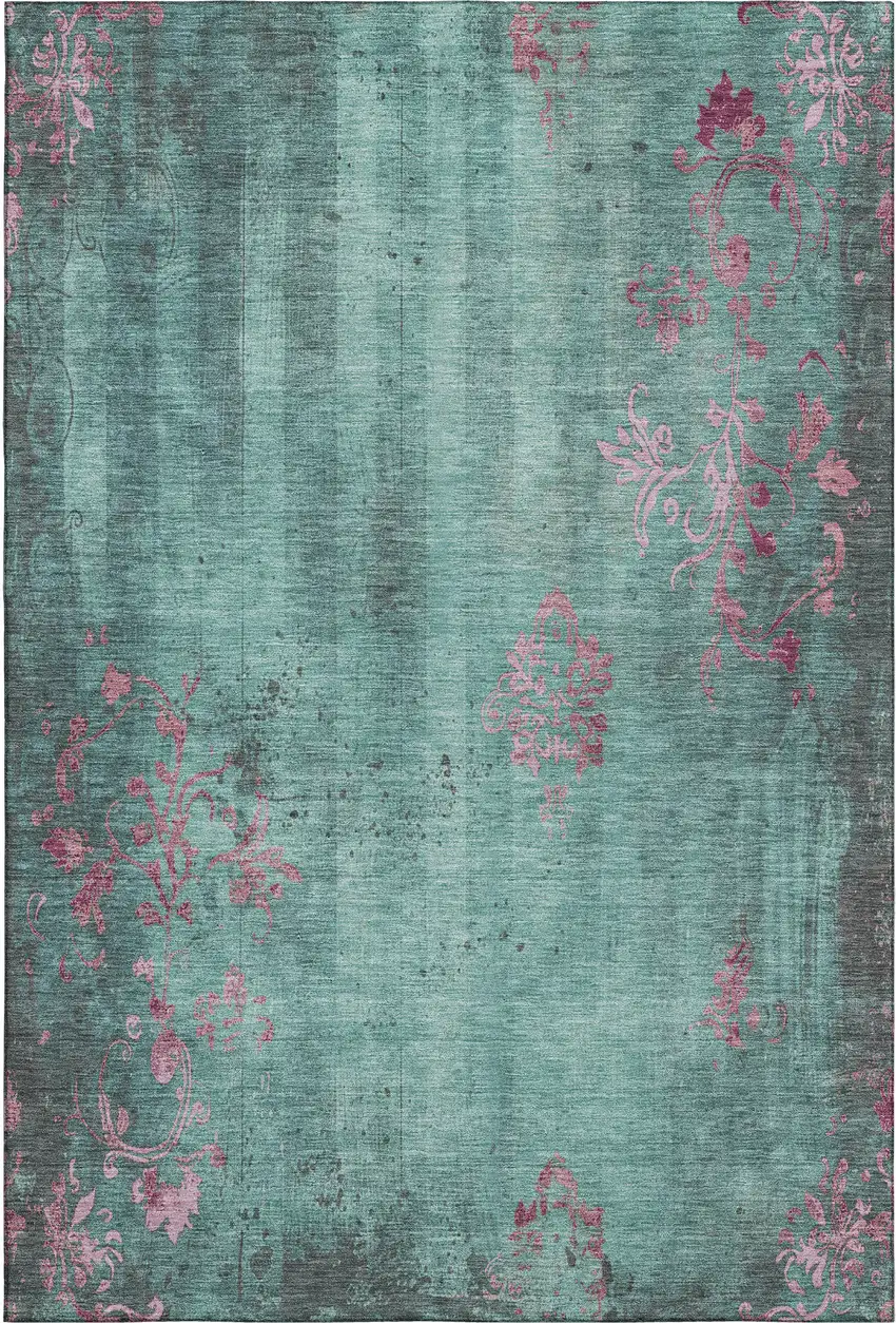 Pale Aqua And Burgundy Floral Washable Area Rug With UV Protection Photo 6