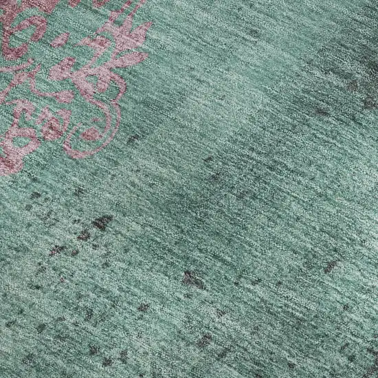 Pale Aqua And Burgundy Floral Washable Area Rug With UV Protection Photo 3