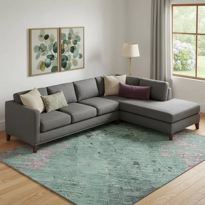 Pale Aqua And Burgundy Floral Washable Area Rug With UV Protection Photo 2