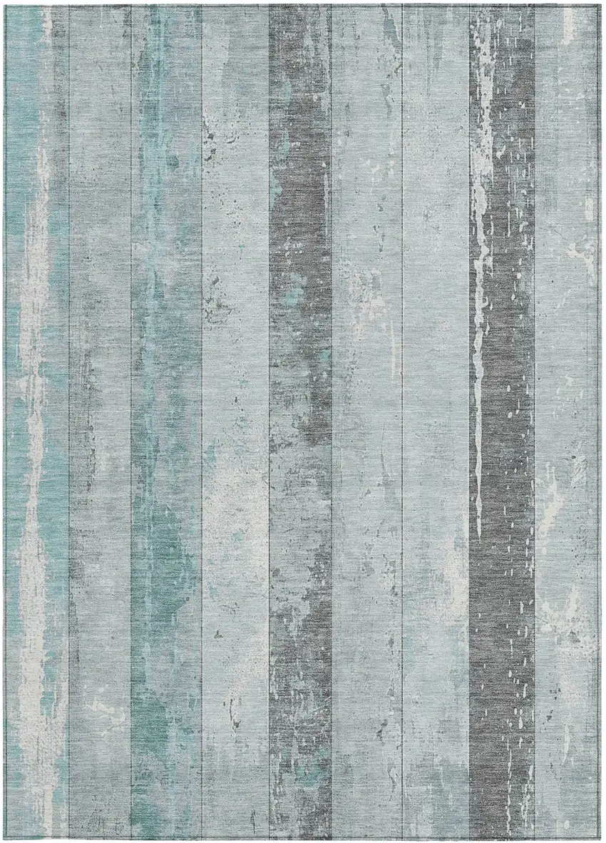Pale Aqua And Charcoal Striped Washable Indoor Outdoor Area Rug Photo 8