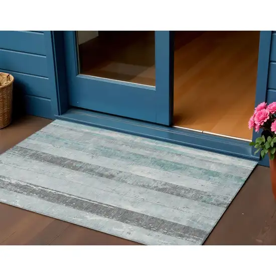 Pale Aqua And Charcoal Striped Washable Indoor Outdoor Area Rug Photo 2