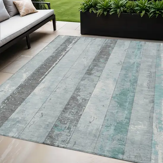 Pale Aqua And Charcoal Striped Washable Indoor Outdoor Area Rug Photo 2