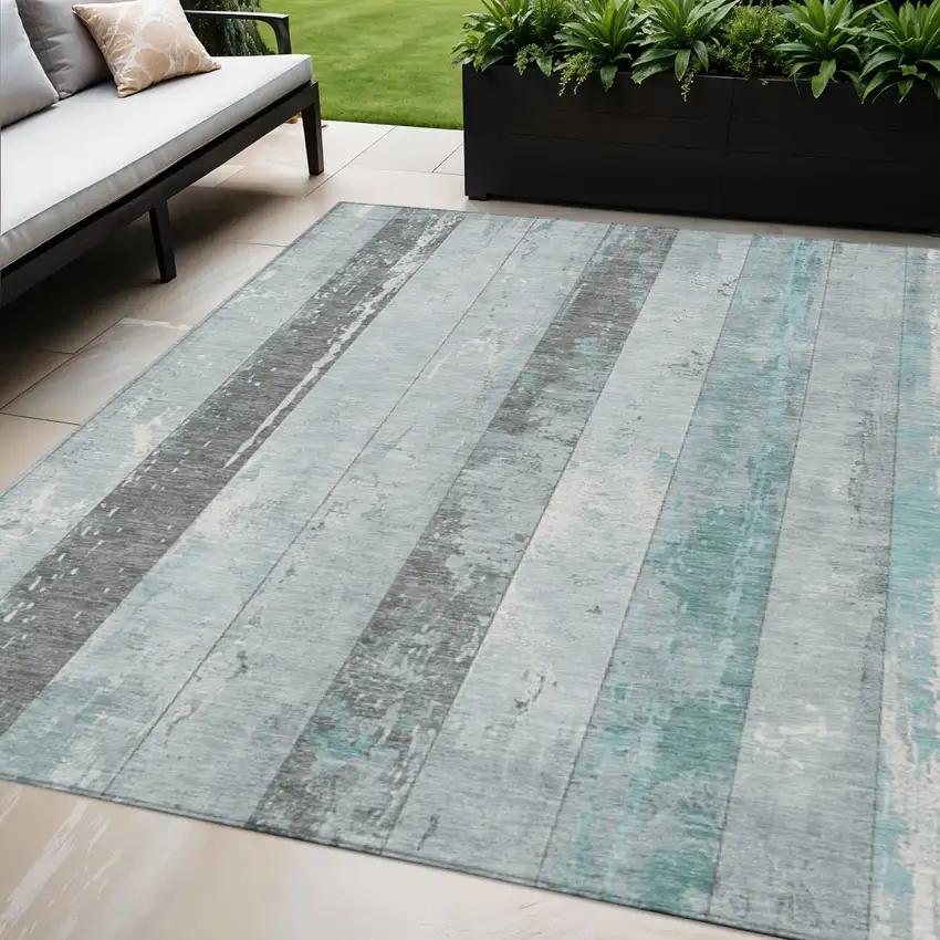 Pale Aqua And Charcoal Striped Washable Indoor Outdoor Area Rug Photo 2