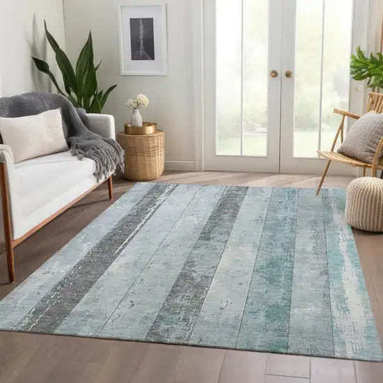 Pale Aqua And Charcoal Striped Washable Indoor Outdoor Area Rug Photo 6