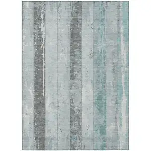 Photo of Pale Aqua And Charcoal Striped Washable Indoor Outdoor Area Rug
