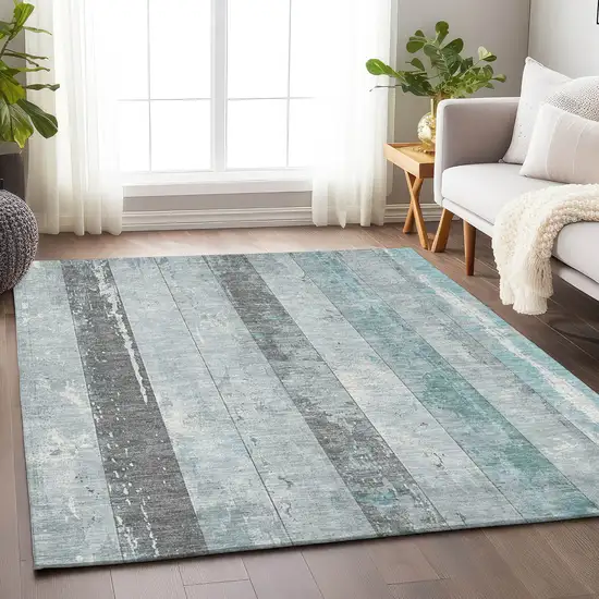 Pale Aqua And Charcoal Striped Washable Indoor Outdoor Area Rug Photo 6