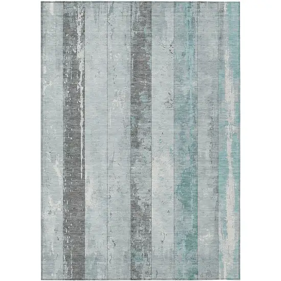 Pale Aqua And Charcoal Striped Washable Indoor Outdoor Area Rug Photo 1