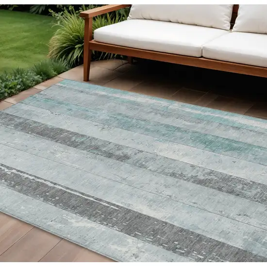 Pale Aqua And Charcoal Striped Washable Indoor Outdoor Area Rug Photo 2