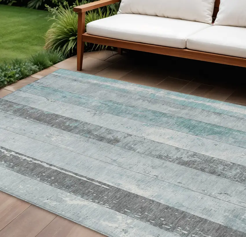 Pale Aqua And Charcoal Striped Washable Indoor Outdoor Area Rug Photo 2