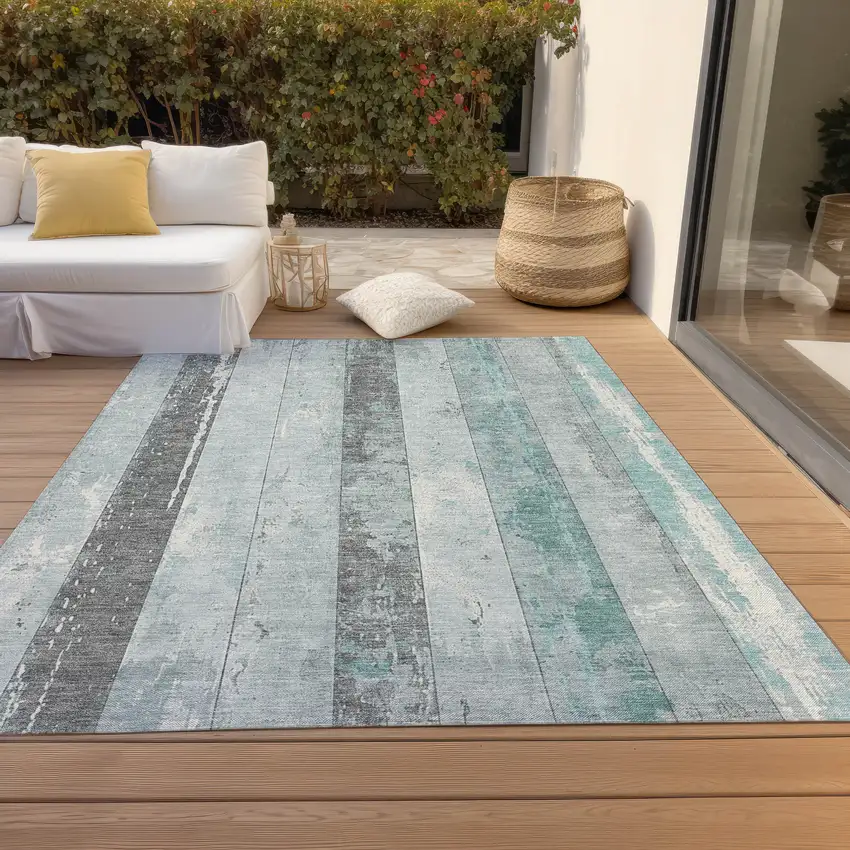 Pale Aqua And Charcoal Striped Washable Indoor Outdoor Area Rug Photo 8