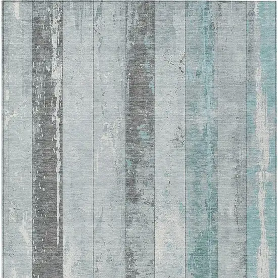 Pale Aqua And Charcoal Striped Washable Indoor Outdoor Area Rug Photo 4