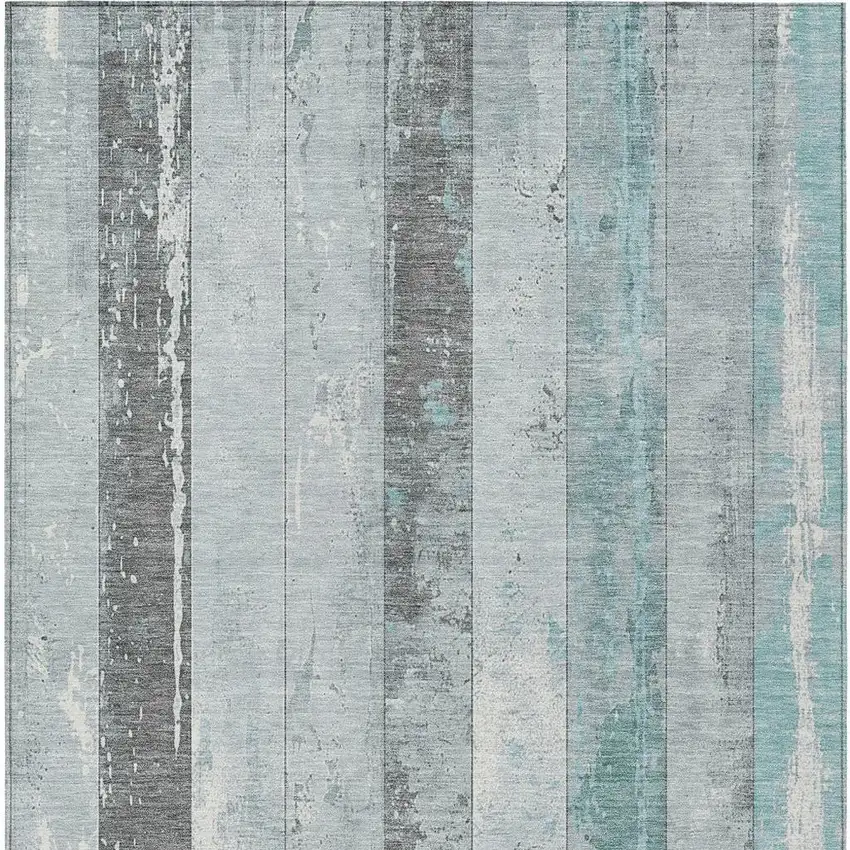 Pale Aqua And Charcoal Striped Washable Indoor Outdoor Area Rug Photo 4