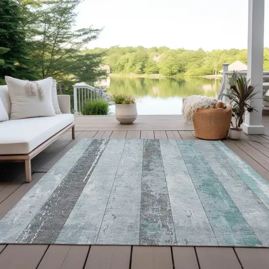 Pale Aqua And Charcoal Striped Washable Indoor Outdoor Area Rug Photo 5