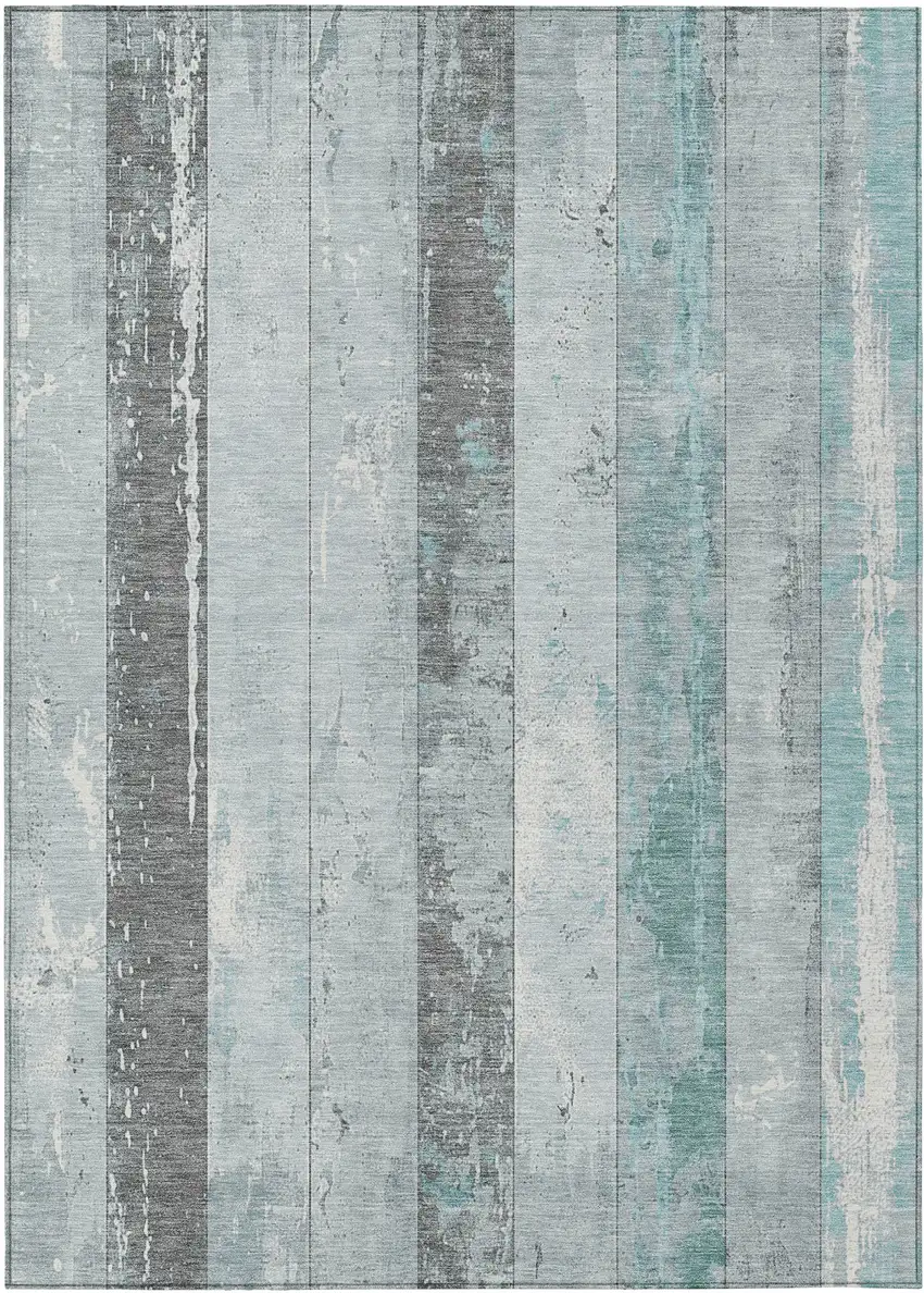 Pale Aqua And Charcoal Striped Washable Indoor Outdoor Area Rug Photo 1
