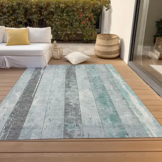 Pale Aqua And Charcoal Striped Washable Indoor Outdoor Area Rug Photo 8