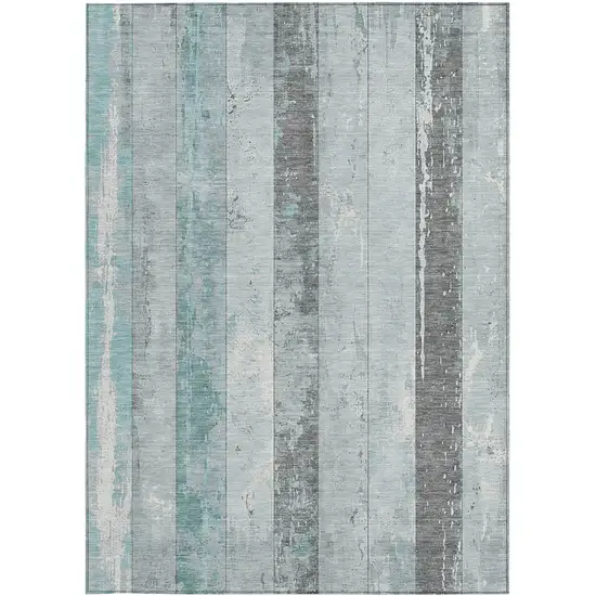 Pale Aqua And Charcoal Striped Washable Indoor Outdoor Area Rug Photo 9