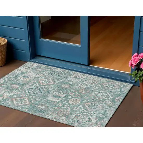 Pale Aqua And Copper Floral Medallion Washable Indoor Outdoor Area Rug Photo 2