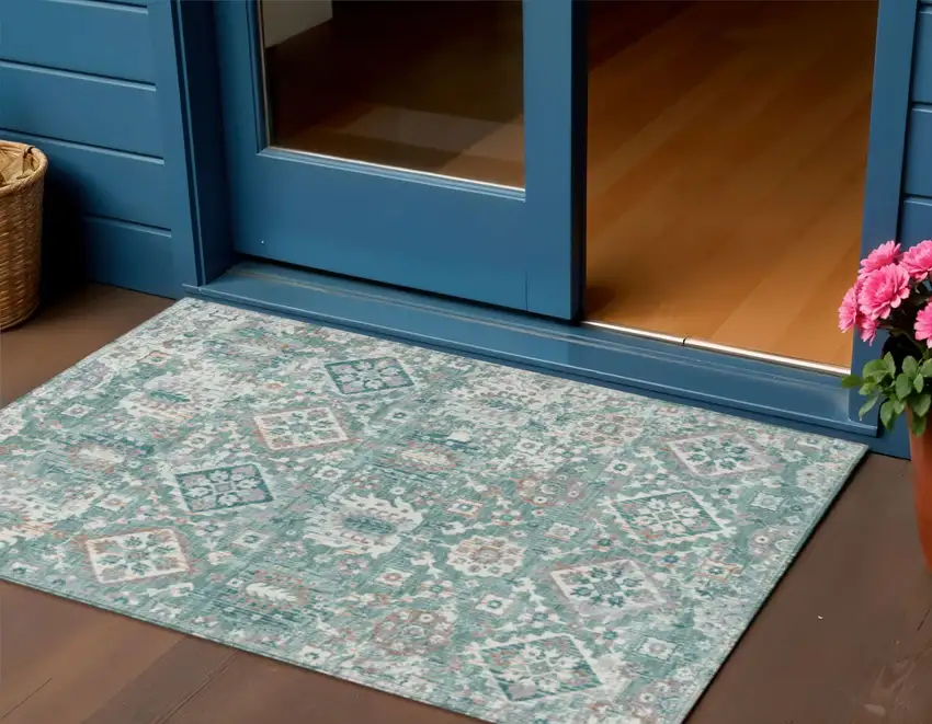 Pale Aqua And Copper Floral Medallion Washable Indoor Outdoor Area Rug Photo 2