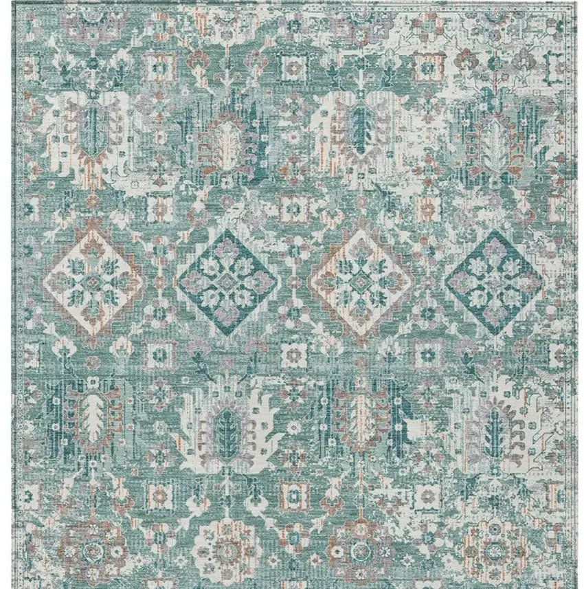 Pale Aqua And Copper Floral Medallion Washable Indoor Outdoor Area Rug Photo 4