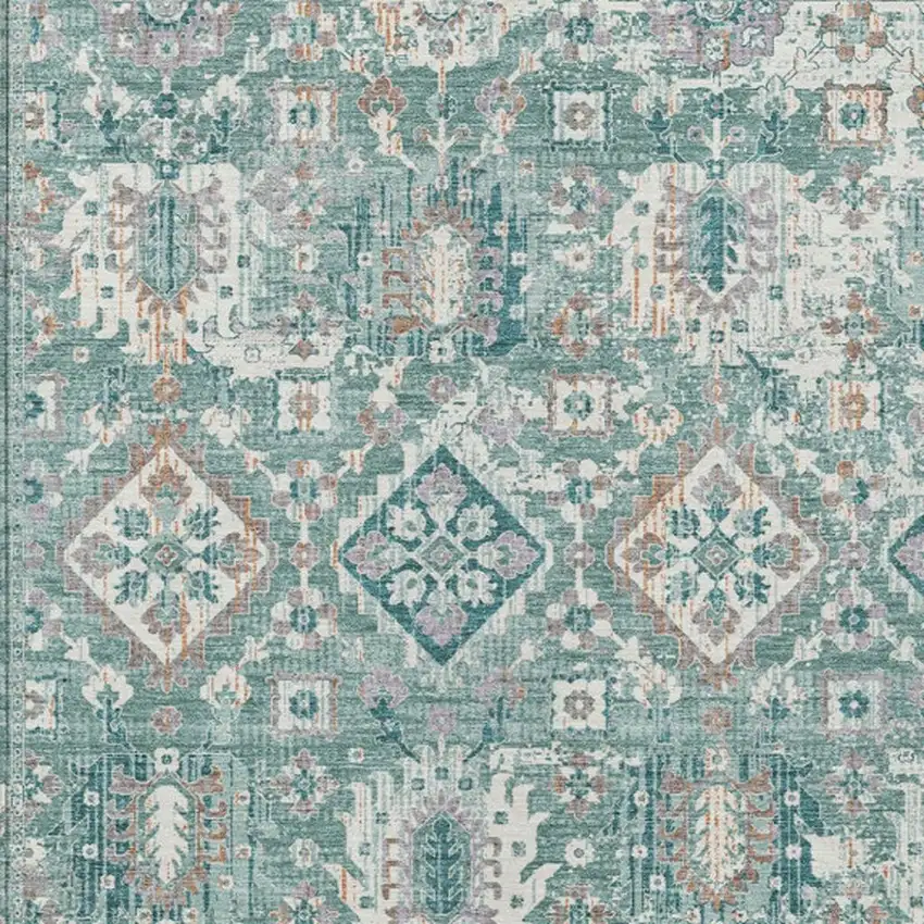 Pale Aqua And Copper Floral Medallion Washable Indoor Outdoor Area Rug Photo 3