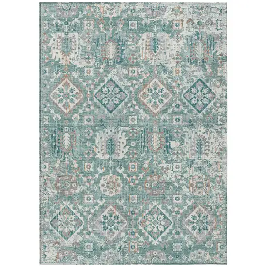 Pale Aqua And Copper Floral Medallion Washable Indoor Outdoor Area Rug Photo 1