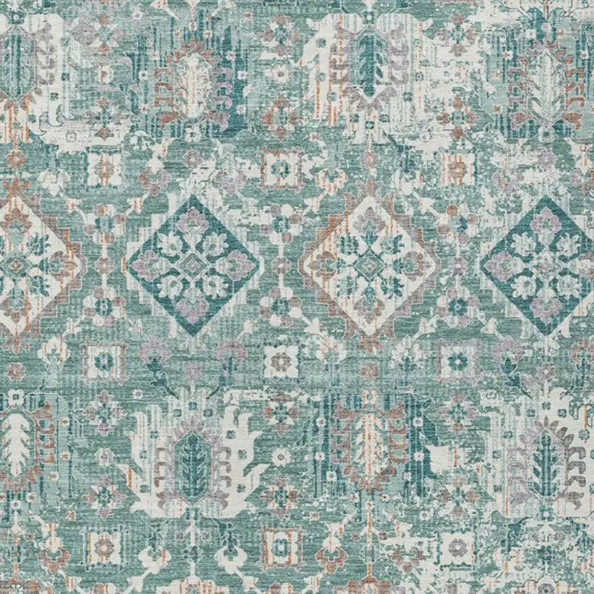 Pale Aqua And Copper Floral Medallion Washable Indoor Outdoor Area Rug Photo 7