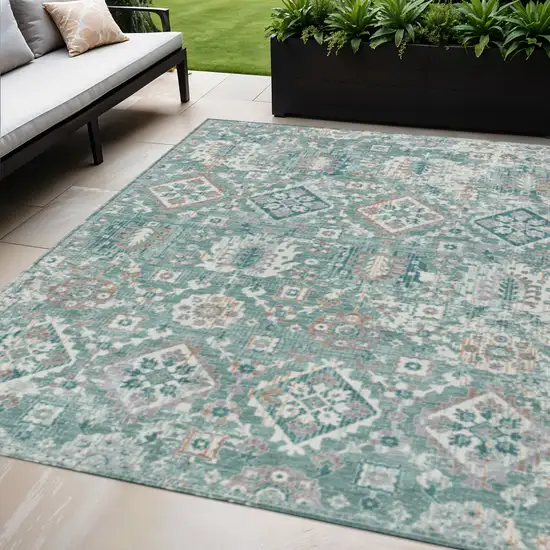 Pale Aqua And Copper Floral Medallion Washable Indoor Outdoor Area Rug Photo 2