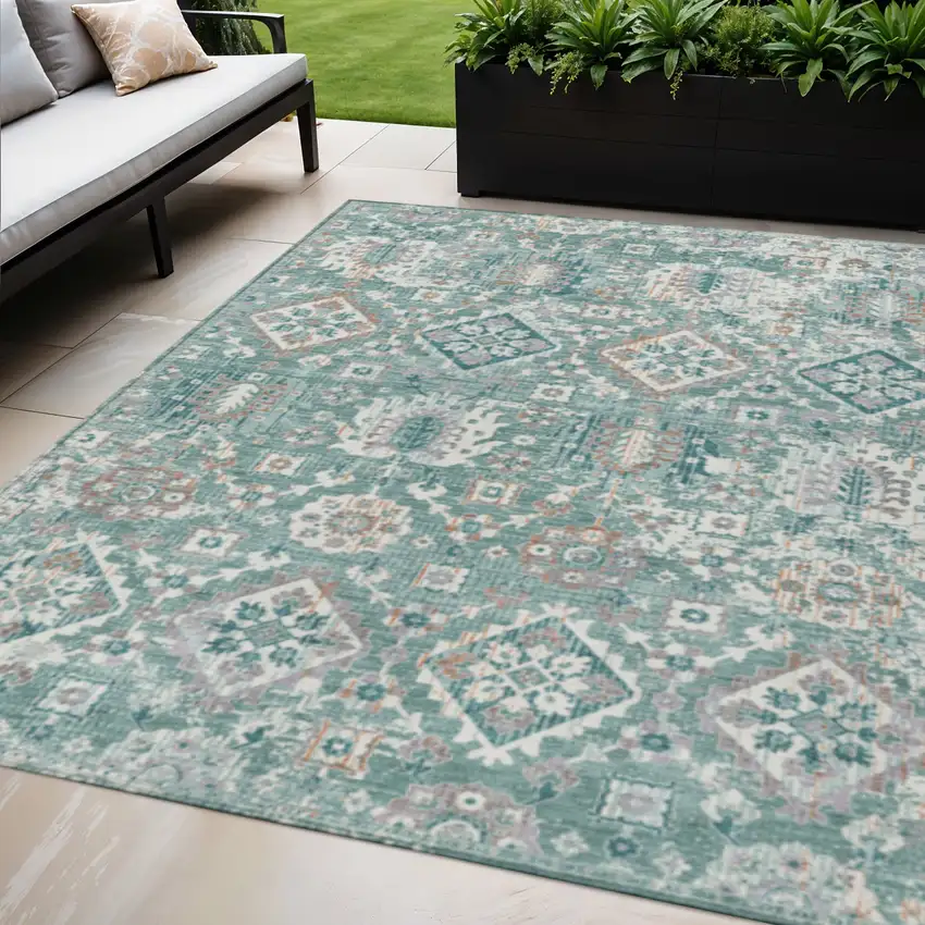 Pale Aqua And Copper Floral Medallion Washable Indoor Outdoor Area Rug Photo 2