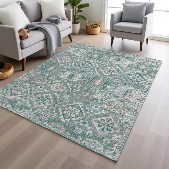 Pale Aqua And Copper Floral Medallion Washable Indoor Outdoor Area Rug Photo 6