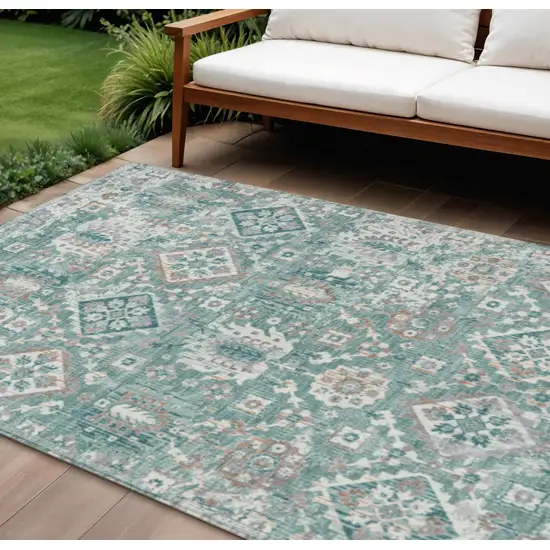 Pale Aqua And Copper Floral Medallion Washable Indoor Outdoor Area Rug Photo 2