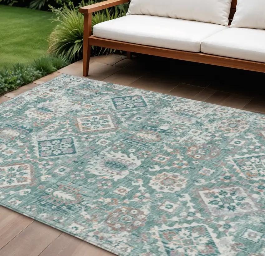 Pale Aqua And Copper Floral Medallion Washable Indoor Outdoor Area Rug Photo 2