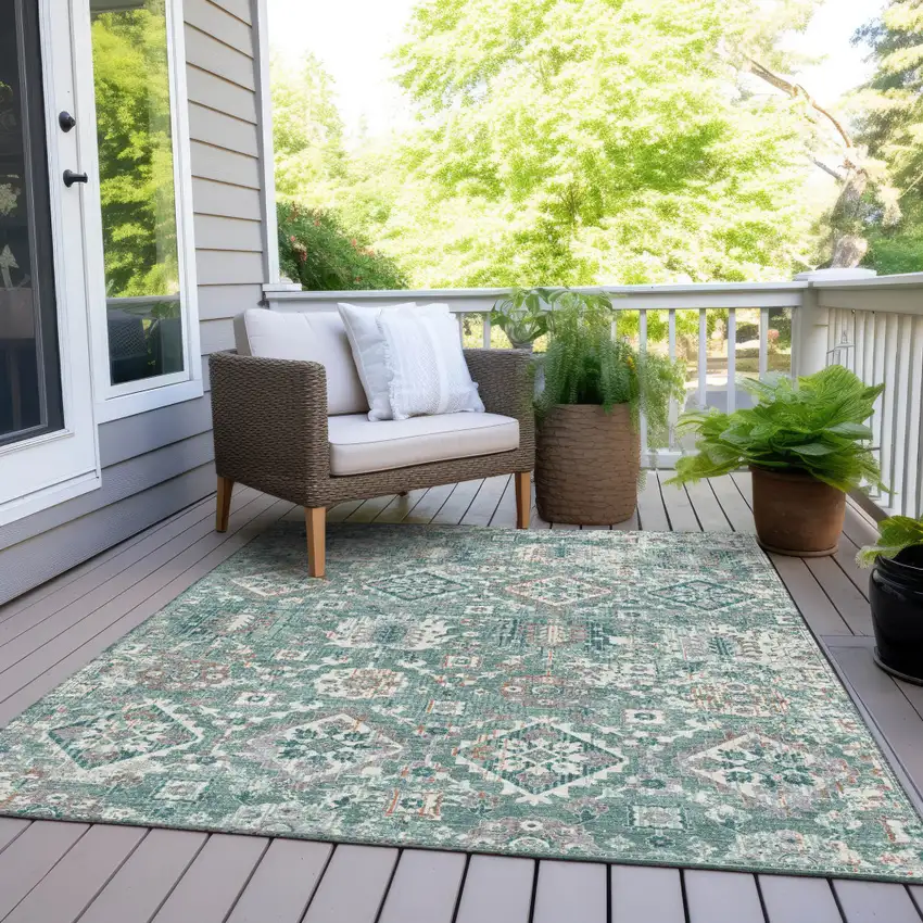 Pale Aqua And Copper Floral Medallion Washable Indoor Outdoor Area Rug Photo 8