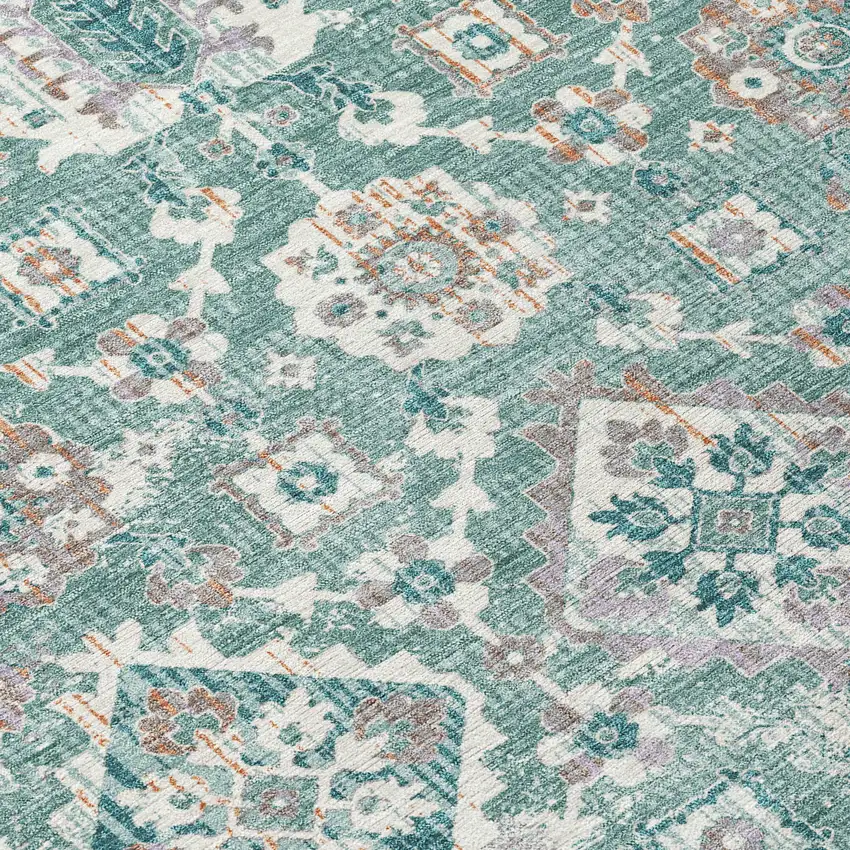 Pale Aqua And Copper Floral Medallion Washable Indoor Outdoor Area Rug Photo 9