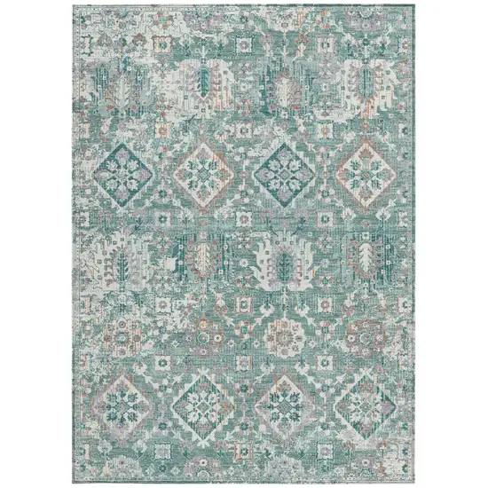 Pale Aqua And Copper Floral Medallion Washable Indoor Outdoor Area Rug Photo 4