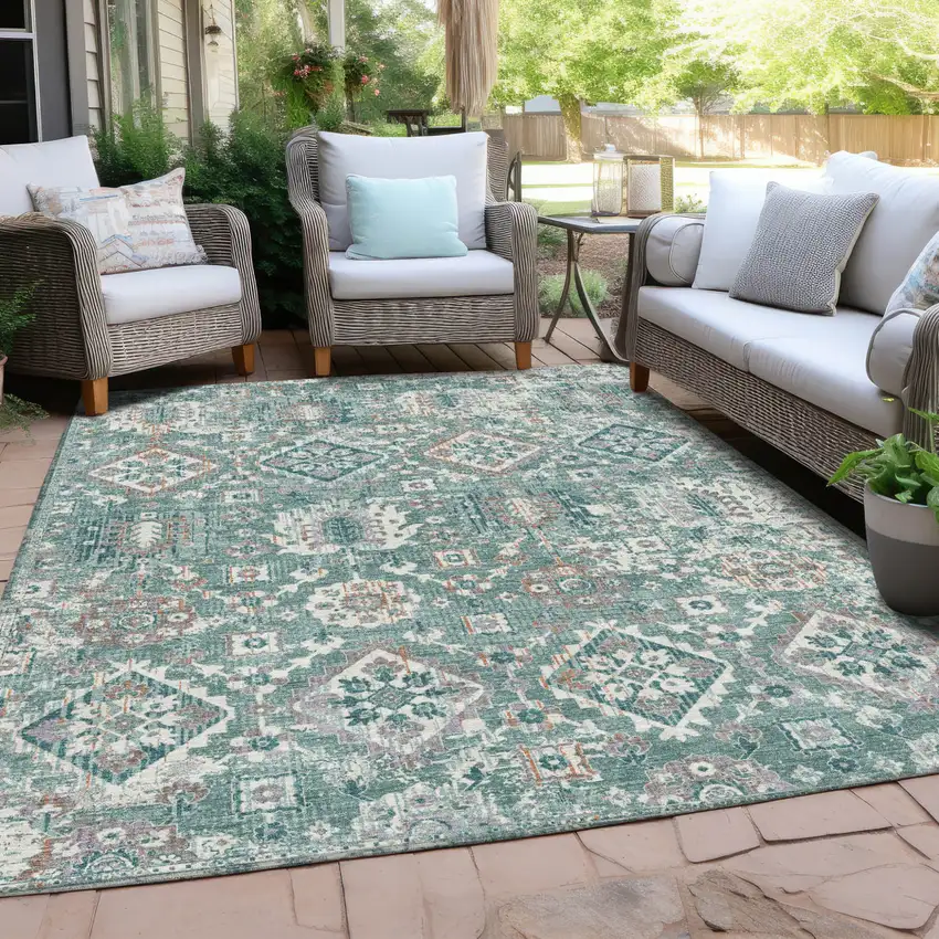 Pale Aqua And Copper Floral Medallion Washable Indoor Outdoor Area Rug Photo 5