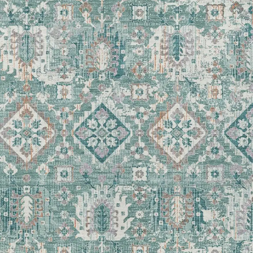 Pale Aqua And Copper Floral Medallion Washable Indoor Outdoor Area Rug Photo 3